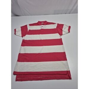 VTG J.J. Cochran Polo Shirt Mens L Pink White Striped Made USA Short Sleeve